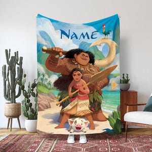 May include: A large, rectangular blanket with a vibrant illustration of characters from a popular animated film. The design includes a woman with a paddle, a large man, a pig, and a rooster. The word "Name" is written in blue across the top.