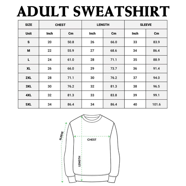 Puede incluir: Una tabla blanca con texto negro que detalla las tallas de sudaderas para adultos. Las medidas se proporcionan en pulgadas y cent&iacute;metros para el pecho, la longitud y la manga. Las tallas van de la S a la 5XL.