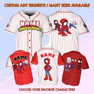 May include: Three baseball jerseys with red and white stripes. The jerseys feature a cartoon image of Spider-Man and his friends. The text "NAME AMAZING FRIENDS" is on the front of the jersey. The text "NAME" is on the back of the jersey.