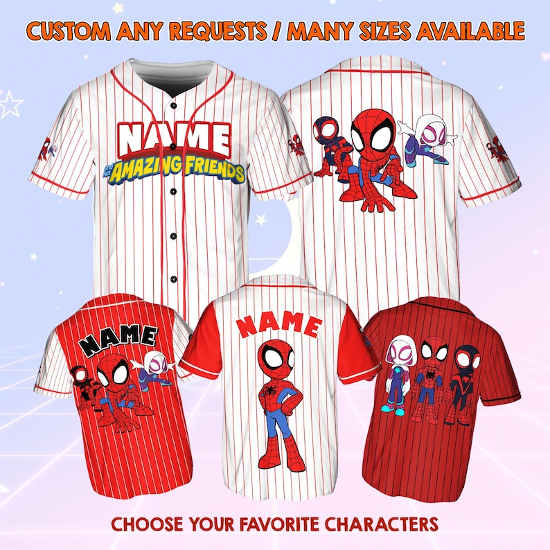 May include: Three baseball jerseys with red and white stripes. The jerseys feature a cartoon image of Spider-Man and his friends. The text "NAME AMAZING FRIENDS" is on the front of the jersey. The text "NAME" is on the back of the jersey.
