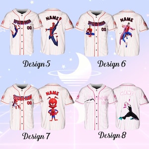 May include: Baseball jerseys with red and white pinstripes, featuring various Spider-Man designs. Each jersey has a different Spider-Man graphic on the front and back, with the word "NAME" and the number "00" on some. Designs 5, 6, 7, and 8 are labeled.