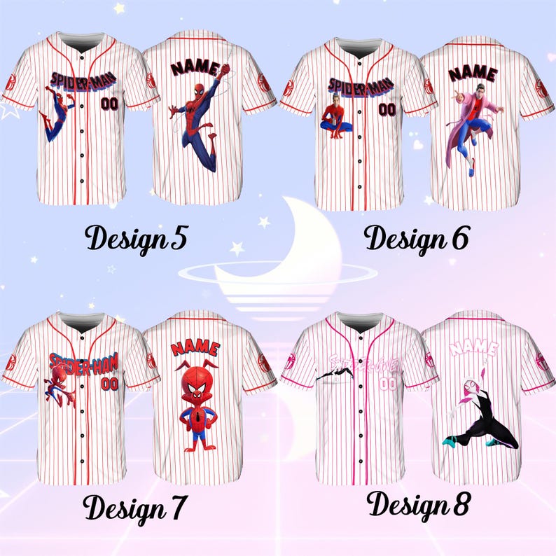 May include: Baseball jerseys with red and white pinstripes, featuring various Spider-Man designs. Each jersey has a different Spider-Man graphic on the front and back, with the word "NAME" and the number "00" on some. Designs 5, 6, 7, and 8 are labeled.