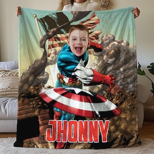 Coperta personalizzata con il volto di Capitan America, coperta personalizzata con i cartoni animati con il volto, coperta da supereroe Marvel Capitan America, coperta da supereroe per bambini