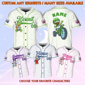 May include: Five baseball jerseys with different Muppet characters on them. The jerseys are white with green, purple, blue, and pink stripes. The characters are Kermit, Summer, Gonzo, Piggy, and a blank jersey with the word "NAME" on the back.