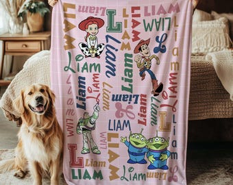Toy Story deken, Toy Story Buzz Lightyear Jessie deken, aangepast houtachtig personage met naamdecor, Alien Kids naamdeken, NVA852