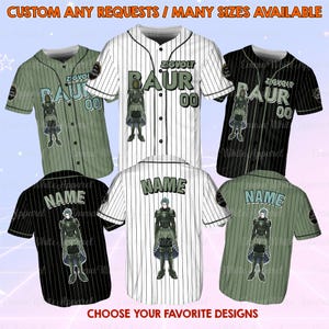 May include: Baseball jerseys in various colors, including green, black, and white, with vertical stripes. Each jersey features the name "RAUR" and the number "00" on the front, and some have "NAME" on the back. The text "CUSTOM ANY REQUESTS / MANY SIZES AVAILABLE" is at the top.