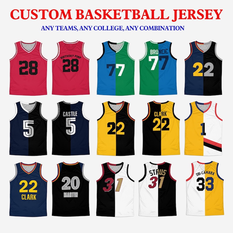 May include: A collection of 12 custom basketball jerseys with different color combinations and player names and numbers. The jerseys are split down the middle with different colors on each side. Some jerseys have text on the front, such as "Birthday Fund", "Castle", "Clark", "Broncic", "Strus", and "Obi-Camara".