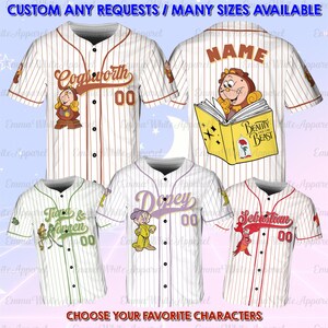 May include: Baseball jerseys with character designs. The jerseys are white with pinstripes and feature characters like Cogsworth, Dopey, and Sebastian. Text on the jerseys includes "NAME", "Beauty and the Beast", and "Choose Your Favorite Characters".