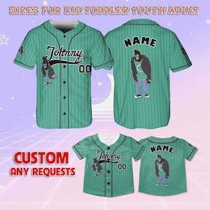 May include: Green baseball jersey with a striped pattern. The front of the jersey has a gorilla graphic and the text "Johnny 00". The back of the jersey has the text "NAME".