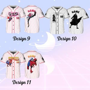 May include: Baseball jerseys with various superhero designs. The jerseys are white with red pinstripes and feature different superhero graphics on the front and back. The text "Spider-Punk", "Spider-Man", and "Spider-Rex" are visible. Each jersey has the number "00" on the front.