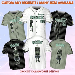 May include: Baseball jerseys in various colors, including white, black, and green, with vertical stripes. Each jersey features a character graphic, the name "SEBEK", and the number "00". The text "CUSTOM ANY REQUESTS / MANY SIZES AVAILABLE" is at the top.
