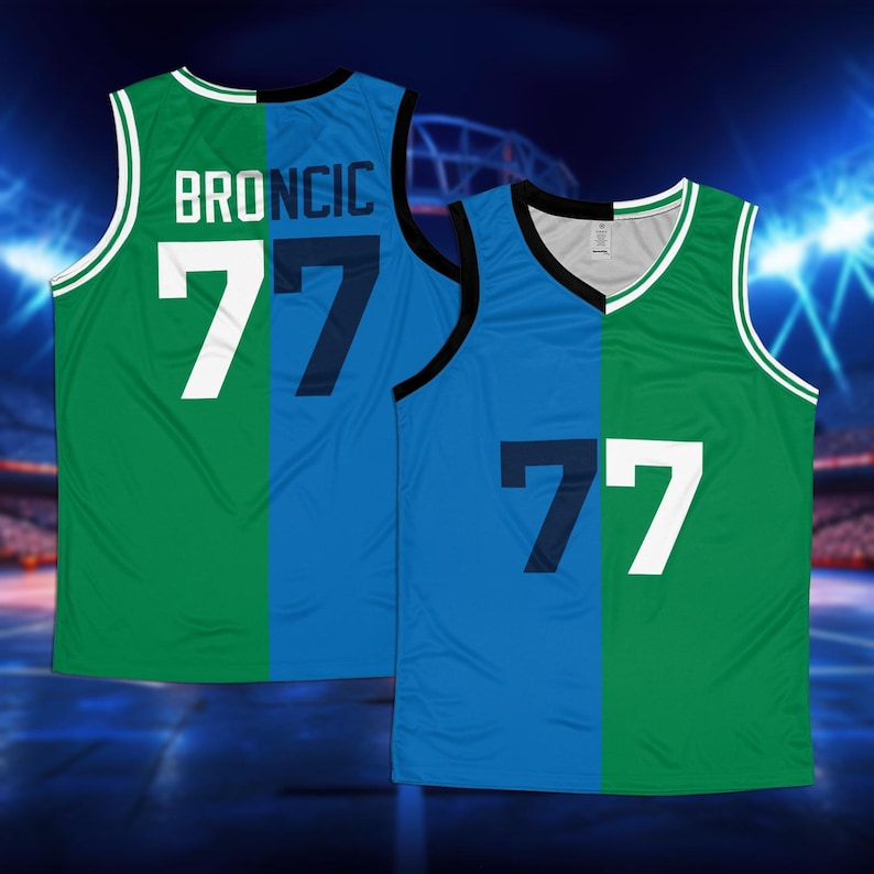 May include: A green and blue basketball jersey with the name "BRONICIC" and the number "77" on the back. The jersey is split down the middle, with one side green and the other side blue.