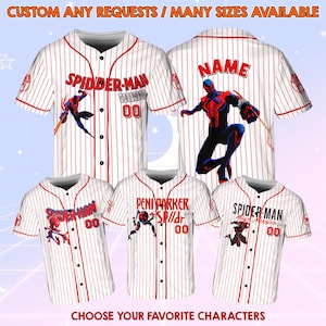 May include: White baseball jerseys with red pinstripes and various Spider-Man character designs. The jerseys feature the text "SPIDER-MAN", "PENI PARKER", and "MILES MORALES", along with the number "00". The image includes the text "CUSTOM ANY REQUESTS / MANY SIZES AVAILABLE" and "CHOOSE YOUR FAVORITE CHARACTERS".