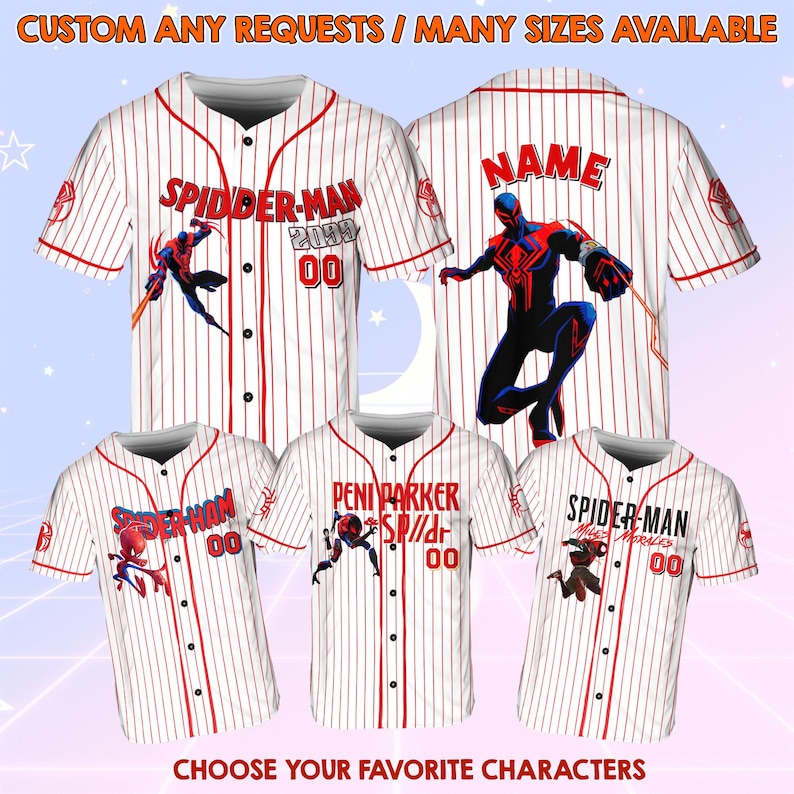 May include: White baseball jerseys with red pinstripes and various Spider-Man character designs. The jerseys feature the text "SPIDER-MAN", "PENI PARKER", and "MILES MORALES", along with the number "00". The image includes the text "CUSTOM ANY REQUESTS / MANY SIZES AVAILABLE" and "CHOOSE YOUR FAVORITE CHARACTERS".