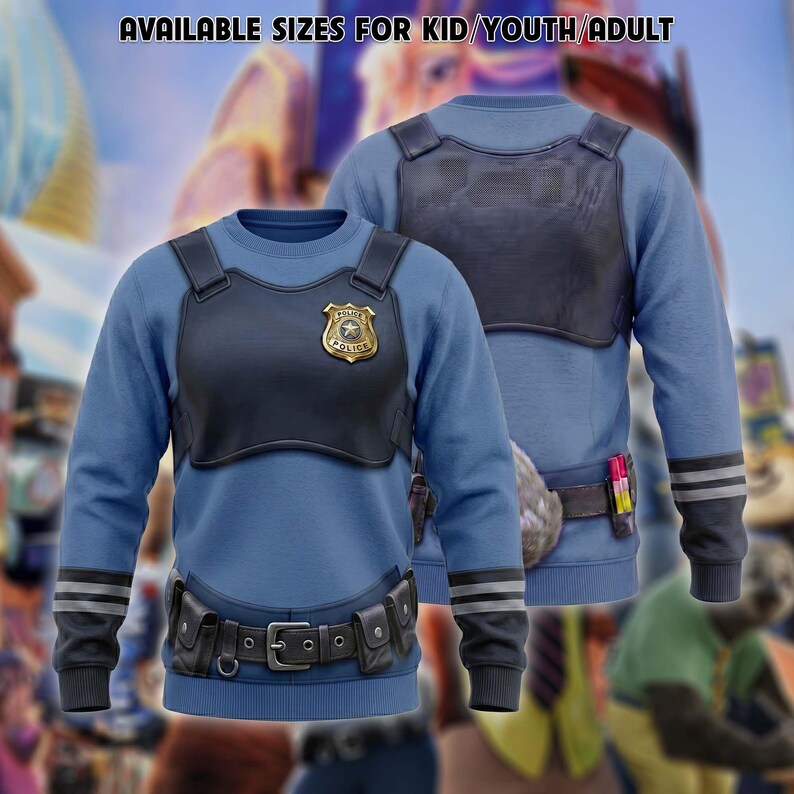 May include: A blue crewneck sweatshirt featuring a printed graphic of a black tactical vest with a gold police badge, a utility belt with pouches, and dark gray sleeve stripes. The text AVAILABLE SIZES FOR KID/YOUTH/ADULT is printed at the top.
