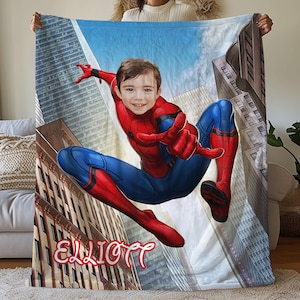 Benutzerdefinierte Gesicht Spider Man Porträt Decke, benutzerdefinierte Gesichtsdecke für Jungen, benutzerdefinierte Spider Man Kinderfotodecke, benutzerdefinierte Heldenfotobettwäsche