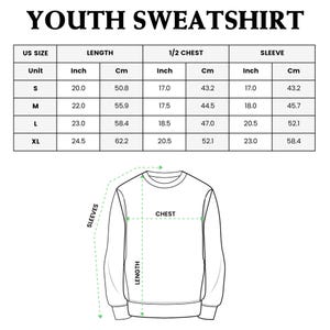 May include: Size chart for a youth sweatshirt with measurements in inches and centimeters for chest, length, and sleeve.