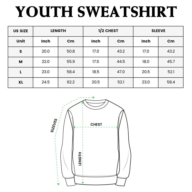 May include: Size chart for a youth sweatshirt with measurements in inches and centimeters for chest, length, and sleeve.