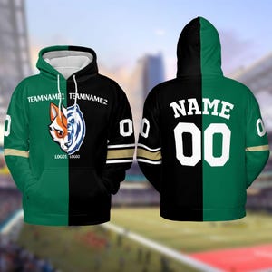 May include: A black and green hoodie with a split design. One side features a fox and bear logo with the text "TEAMNAME1 TEAMNAME2" and "LOGO1 LOGO2". The other side has the text "NAME 00" in white.