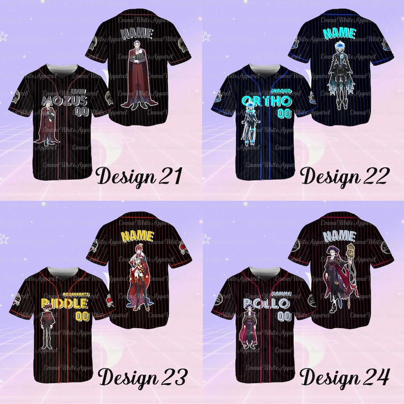 K&ouml;nnte beinhalten: Baseball-Trikots in Schwarz mit roten Nadelstreifen, jedes mit einem einzigartigen Design. Die Trikots zeigen Charakterillustrationen, Namen und Nummern. Der Text "Design 21", "Design 22", "Design 23" und "Design 24" ist ebenfalls sichtbar.