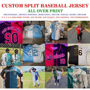 May include: A collage of images showing custom split baseball jerseys with different color combinations and team names. The jerseys are split down the middle, with each half featuring a different color and design. The text "CUSTOM SPLIT BASEBALL JERSEY ALL OVER PRINT" is at the top of the image.