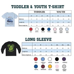 May include: Size chart for toddler and youth t-shirts and long-sleeve shirts. The chart shows the width, length, and sleeve length in inches for different sizes. The chart also includes color options for the shirts.