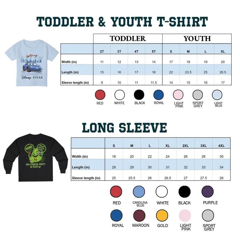 May include: Size chart for toddler and youth t-shirts and long-sleeve shirts. The chart shows the width, length, and sleeve length in inches for different sizes. The chart also includes color options for the shirts.