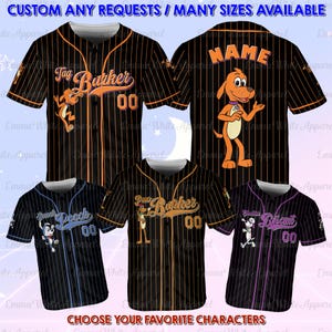 May include: Baseball jerseys with cartoon dog characters. The jerseys are black with vertical stripes and feature character names, numbers, and graphics. The text "CUSTOM ANY REQUESTS / MANY SIZES AVAILABLE" is at the top.