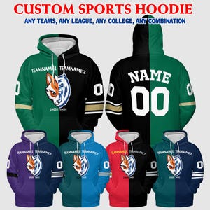 May include: A custom sports hoodie with a split design. One side is green with a white number "00" and the text "NAME". The other side is black with a white wolf and bear logo and the text "TEAMNAME1 TEAMNAME2". There are five other hoodies shown in different color combinations.
