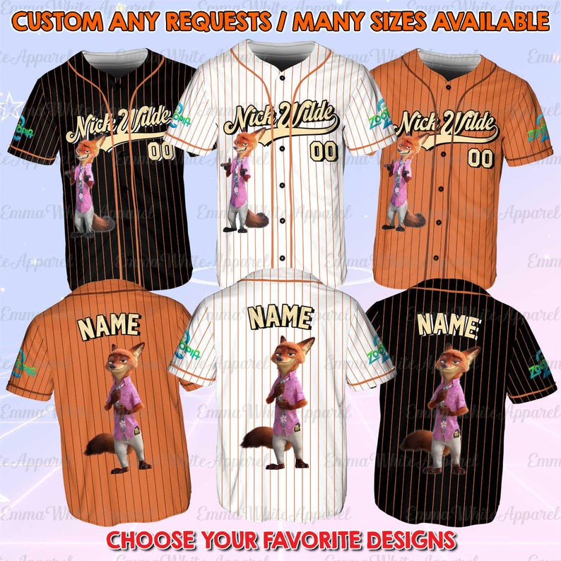 May include: Baseball jerseys in black, white, and orange, featuring the character Nick Wilde from Zootopia. Each jersey has the character's name and the number "00" on the front, with "NAME" on the back. The text "CUSTOM ANY REQUESTS / MANY SIZES AVAILABLE" is at the top.