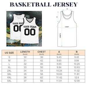 May include: A size chart for basketball jerseys with measurements in inches for length, chest, and width. The chart shows sizes from S to 5XL.