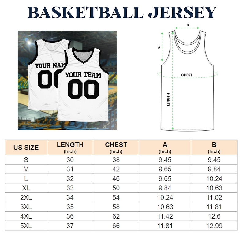 May include: A size chart for basketball jerseys with measurements in inches for length, chest, and width. The chart shows sizes from S to 5XL.