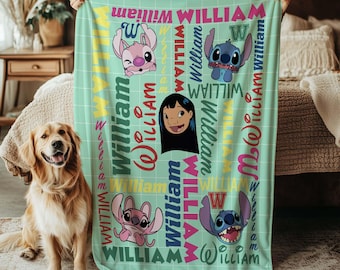 Manta Lilo e Stitch, Manta Stitch Anjo, Presente Personalizado com Nome do Personagem Anjo, Manta Ohana Stitch com Nome do Personagem, NVA832