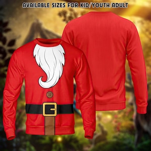 Könnte beinhalten: Ein rotes Langarm-Sweatshirt mit einem Grafikdruck eines weißen Weihnachtsmannbarts, einem braunen Knopf und einem schwarzen Gürtel mit goldener Schnalle. Der Text AVAILABLE SIZES FOR KID/YOUTH/ADULT ist oben aufgedruckt.
