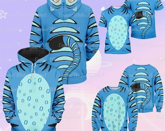 May include: A selection of blue clothing items with a tiger design. The items include a hoodie, t-shirts, and a sweatshirt. The tiger design features black stripes and a light blue belly with oval spots. The hoodie has a black interior.