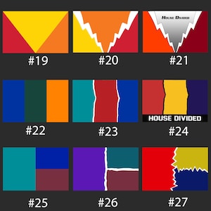 Op de afbeelding: Een verzameling van negen abstracte grafische ontwerpen met geometrische vormen en gescheurde papiereffecten. Elk ontwerp heeft een uniek kleurenpalet, waaronder rood, geel, oranje, blauw en teal. Sommige ontwerpen bevatten de tekst "HOUSE DIVIDED" en nummers.