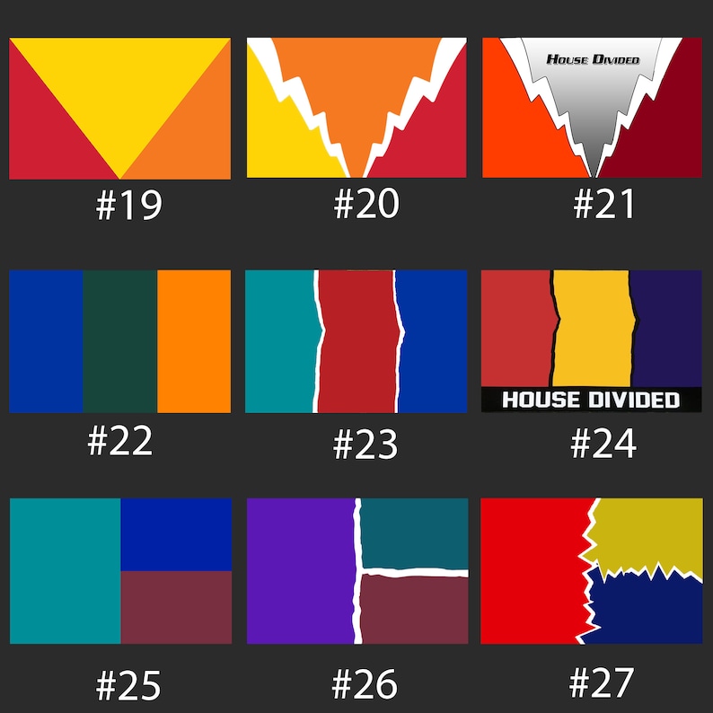 Op de afbeelding: Een verzameling van negen abstracte grafische ontwerpen met geometrische vormen en gescheurde papiereffecten. Elk ontwerp heeft een uniek kleurenpalet, waaronder rood, geel, oranje, blauw en teal. Sommige ontwerpen bevatten de tekst "HOUSE DIVIDED" en nummers.