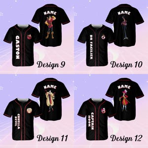 May include: Four different designs for a black baseball jersey with red trim. Each jersey features a different Disney villain character on the back, including Gaston, Dr. Facilier, Cruella De Vil, and Captain Hook. The text "NAME" appears above each character.