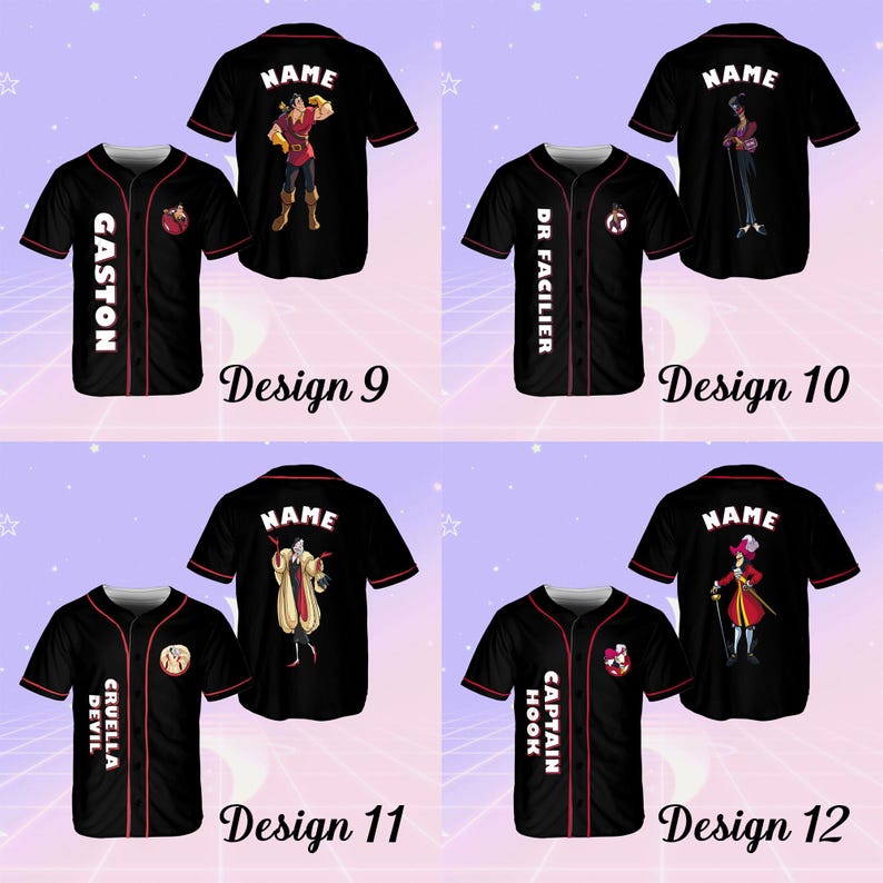 May include: Four different designs for a black baseball jersey with red trim. Each jersey features a different Disney villain character on the back, including Gaston, Dr. Facilier, Cruella De Vil, and Captain Hook. The text "NAME" appears above each character.