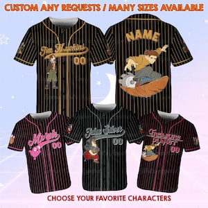 May include: Baseball jerseys with character designs. The jerseys are black with white pinstripes and feature various characters and the text "Jim Hawkins", "Morph", "John Silver", and "Treasure Planet". The text "CUSTOM ANY REQUESTS / MANY SIZES AVAILABLE" is at the top.
