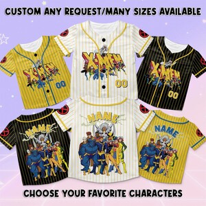 May include: Baseball jerseys in yellow, black, and white with pinstripes. Each jersey features the X-Men logo and character illustrations. The text "CUSTOM ANY REQUEST/MANY SIZES AVAILABLE" and "CHOOSE YOUR FAVORITE CHARACTERS" are displayed.