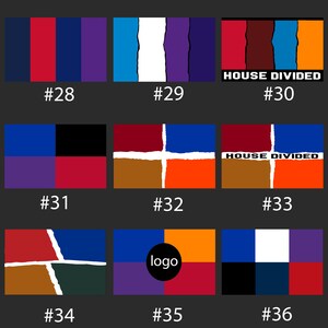 Op de afbeelding: Een verzameling van negen abstracte ontwerpen met gescheurde papiereffecten en kleurblokken. Elk ontwerp heeft een unieke combinatie van kleuren, waaronder rood, blauw, paars, oranje en bruin. Sommige ontwerpen bevatten de tekst "HOUSE DIVIDED" en nummers.