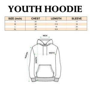 May include: A size chart for a youth hoodie with measurements in inches for chest, length, and sleeve. The chart shows sizes S, M, L, and XL. A line drawing of a hoodie is shown with labels for neck, width, length, and sleeves.