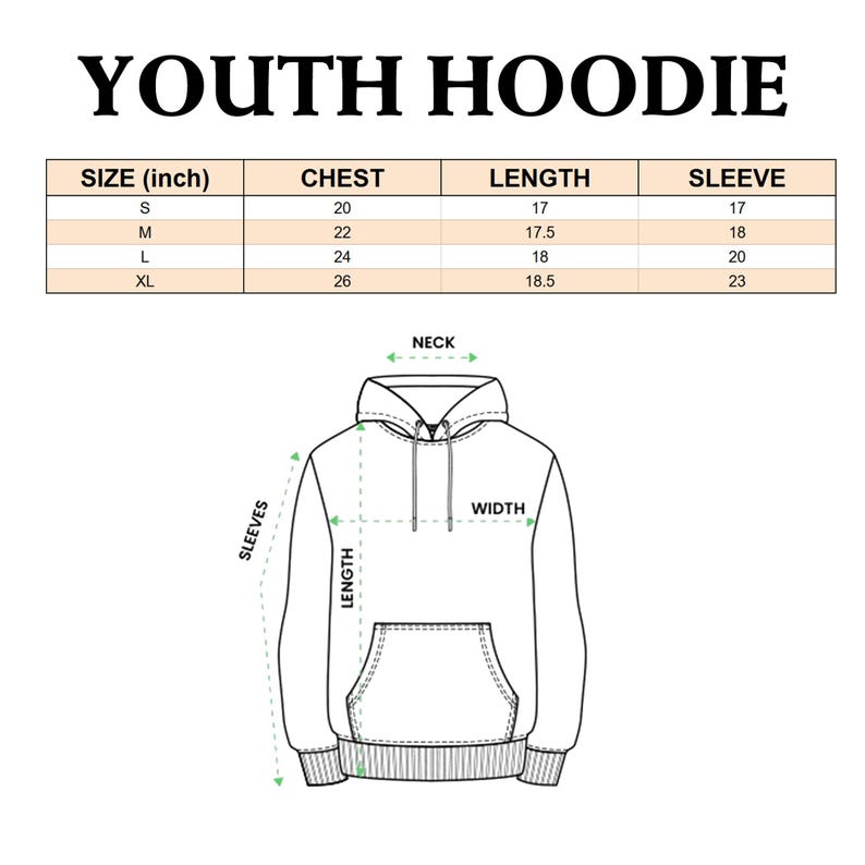 May include: A size chart for a youth hoodie with measurements in inches for chest, length, and sleeve. The chart shows sizes S, M, L, and XL. A line drawing of a hoodie is shown with labels for neck, width, length, and sleeves.