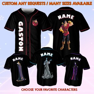 May include: Five black baseball jerseys with different Disney characters printed on the back. The characters are Gaston, the Beast, Hades, and Maleficent. The jerseys have the word "NAME" printed on the back.