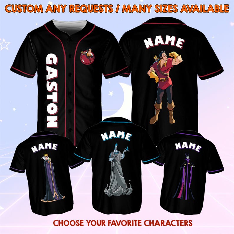 May include: Five black baseball jerseys with different Disney characters printed on the back. The characters are Gaston, the Beast, Hades, and Maleficent. The jerseys have the word "NAME" printed on the back.