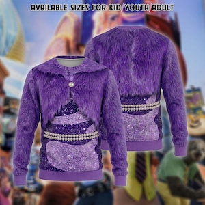 May include: A long-sleeve purple sweatshirt featuring a faux fur texture print on the upper section and a glittery purple pattern on the lower section. The design includes a single pearl button at the neckline and a double strand of pearls across the waist.
