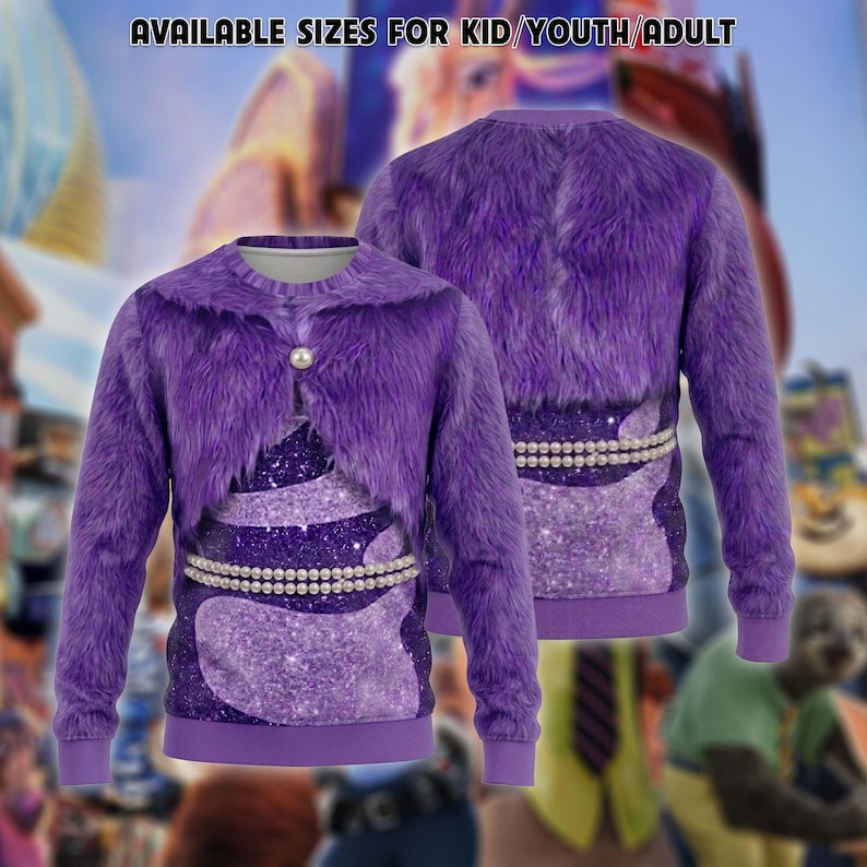 May include: A long-sleeve purple sweatshirt featuring a faux fur texture print on the upper section and a glittery purple pattern on the lower section. The design includes a single pearl button at the neckline and a double strand of pearls across the waist.