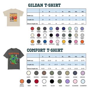 May include: A size chart for Gildan and Comfort brand t-shirts. The chart shows the width, length, and sleeve length in inches for sizes S through 4XL. The chart also includes a color chart with various colors for each brand.