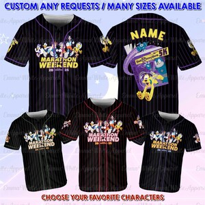 May include: Baseball jerseys with pinstripes in black, red, and black with purple trim. The jerseys feature cartoon characters and the text "MARATHON WEEKEND 20 26" and "Walt Disney World 5K". The text "CHOOSE YOUR FAVORITE CHARACTERS" is also visible.